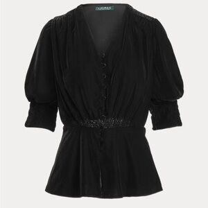 NWT Lauren Ralph Lauren Black Velvet Peplum Blouse Puff Sleeve -Womens 16
